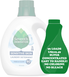 Comparison of ultra-concentrated laundry detergent versus Seventh Generation, showing more loads per bottle, smaller packaging, no chlorine or bleach, and reduced plastic waste.